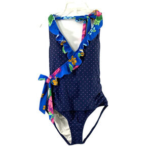 Matilda Jane Swimsuit Womens Medium Blue Polka Dot Floral Bathing Suit 1‎ Piece